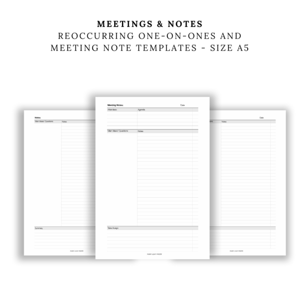 MEETINGS & NOTES Reoccurring One-on-Ones and Meeting Note Templates - Size a5